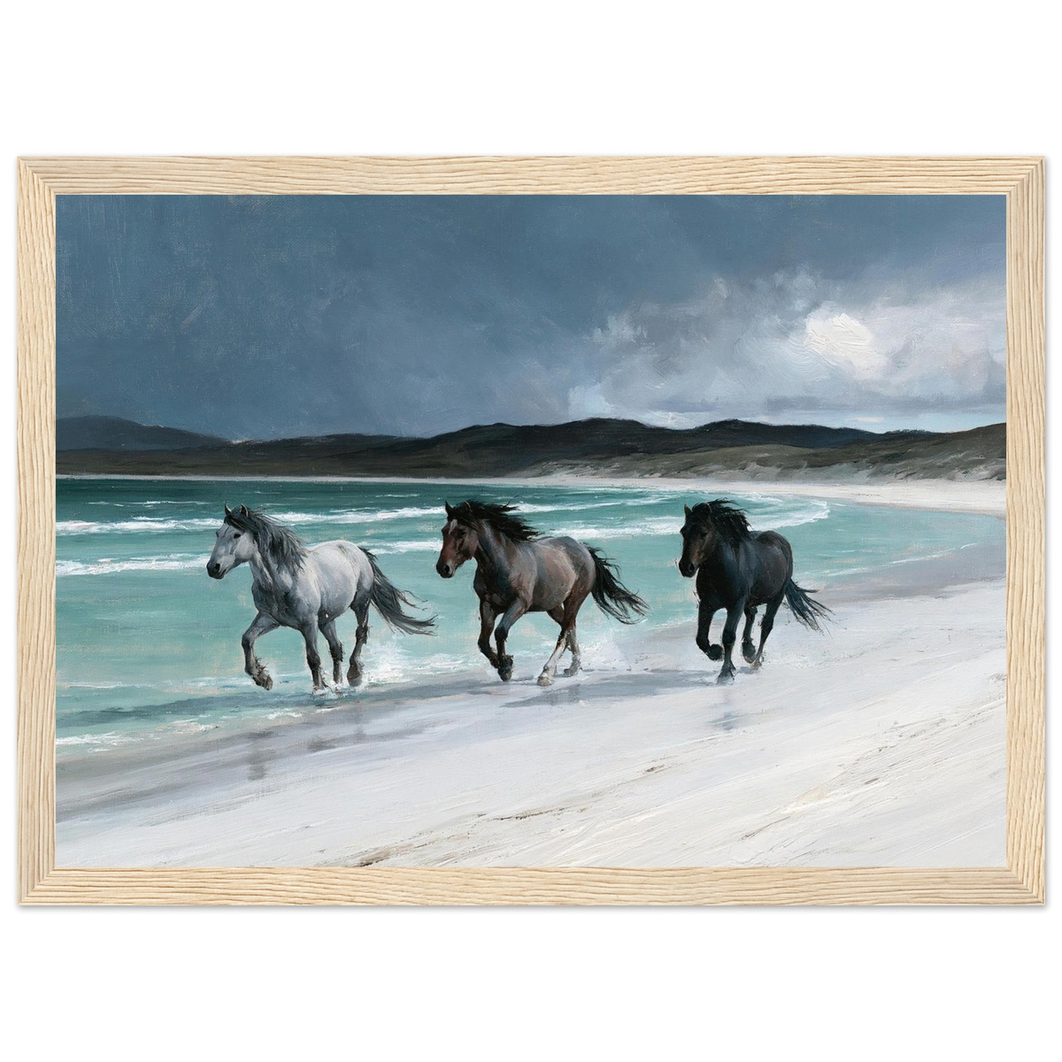 Horses on a Hebridean beach, print in a natural wood frame