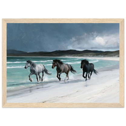 Horses on a Hebridean beach, print in a natural wood frame