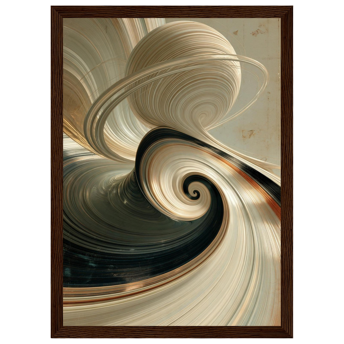 Ivory spiral abstract, print in a dark wood frame