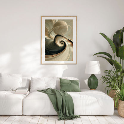 Ivory spiral abstract, in a natural wood frame above a white sofa with a sage green throw in a bright living room