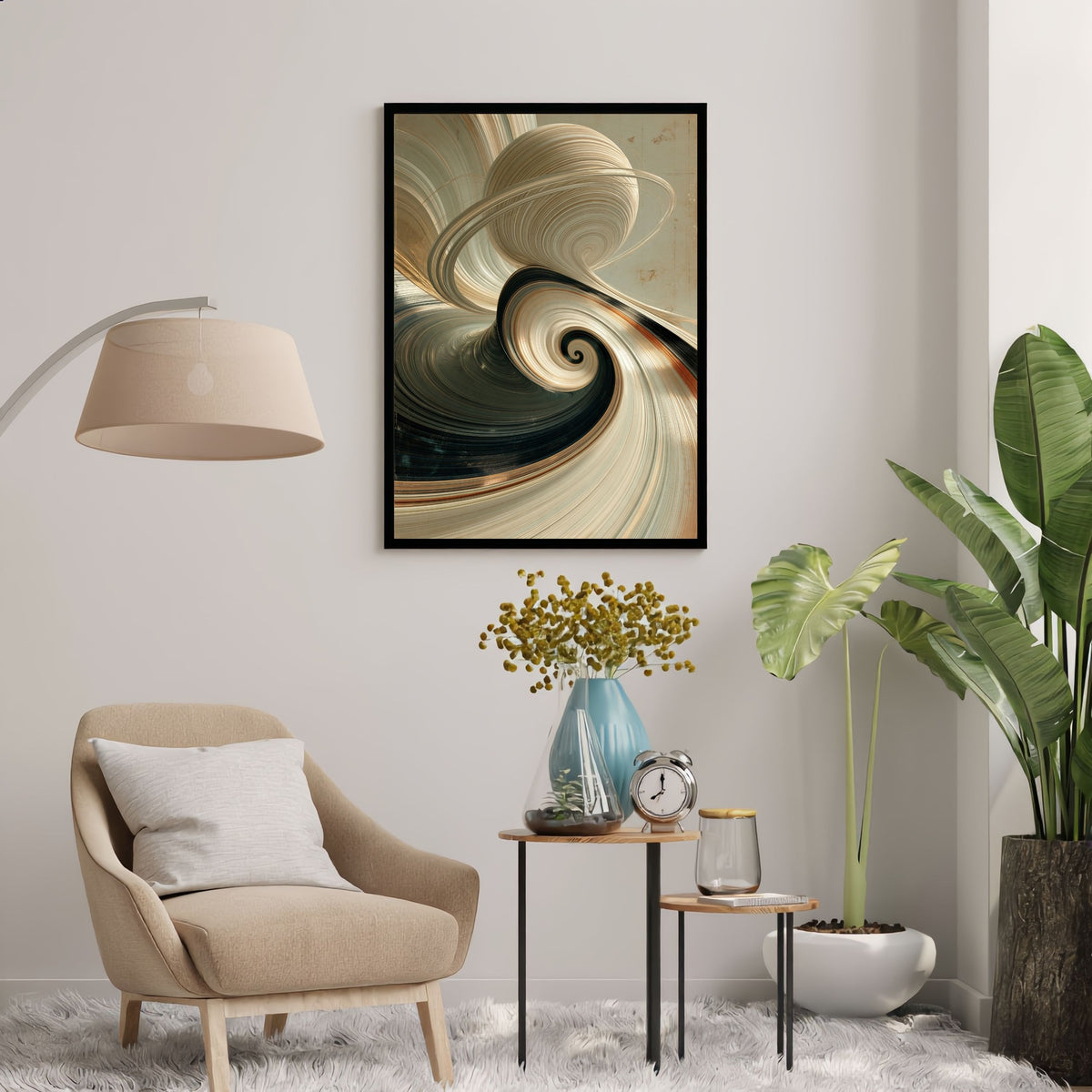 Ivory spiral abstract, in a black frame above a side table in a neutral reading corner with an armchair, arc lamp and large houseplant