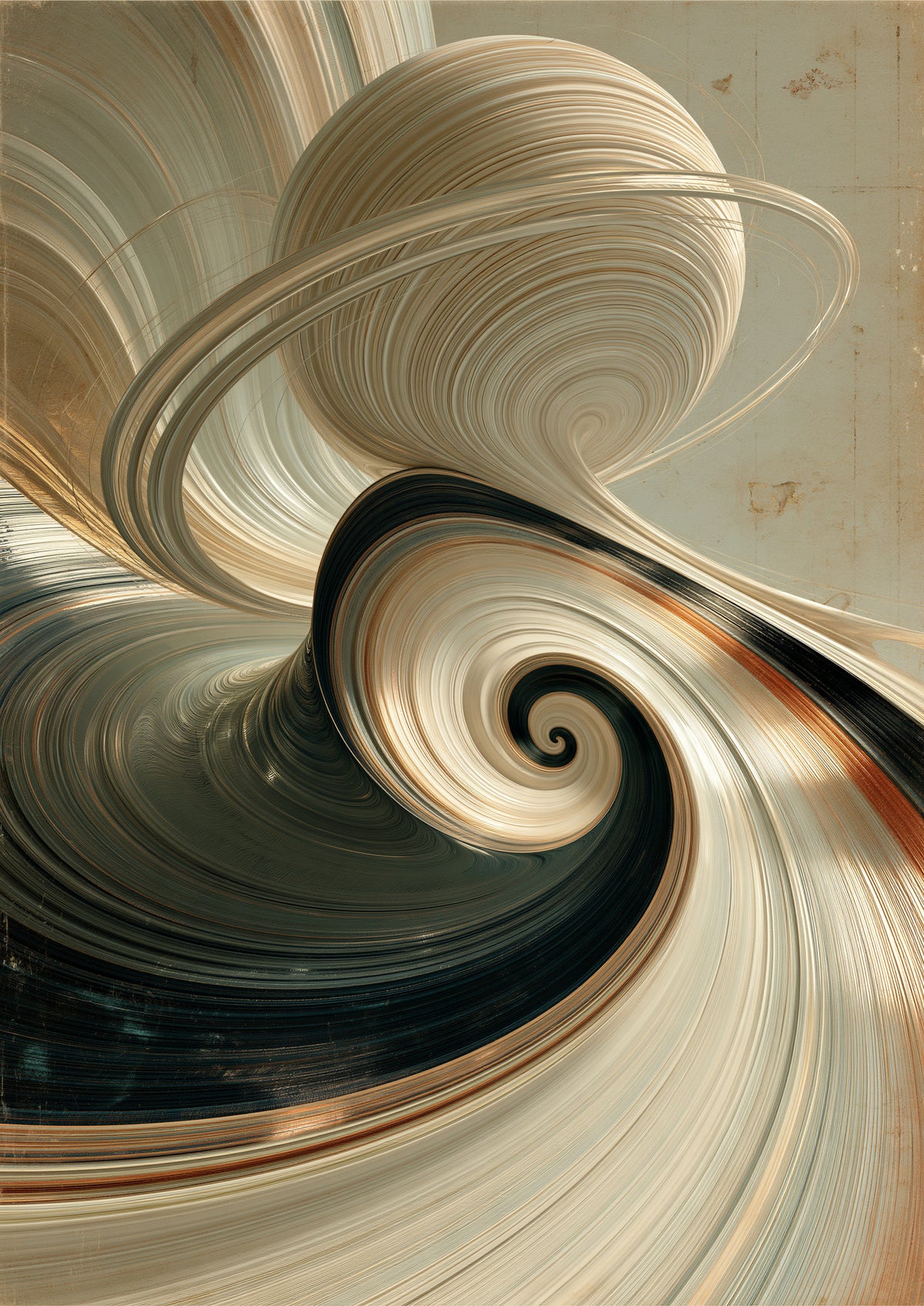 A scrolling vortex of ivory, charcoal and copper ribbons turning in on itself beneath a ringed sphere, on aged parchment