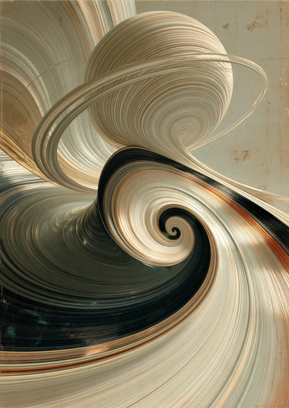 A scrolling vortex of ivory, charcoal and copper ribbons turning in on itself beneath a ringed sphere, on aged parchment