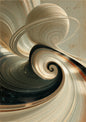 A scrolling vortex of ivory, charcoal and copper ribbons turning in on itself beneath a ringed sphere, on aged parchment