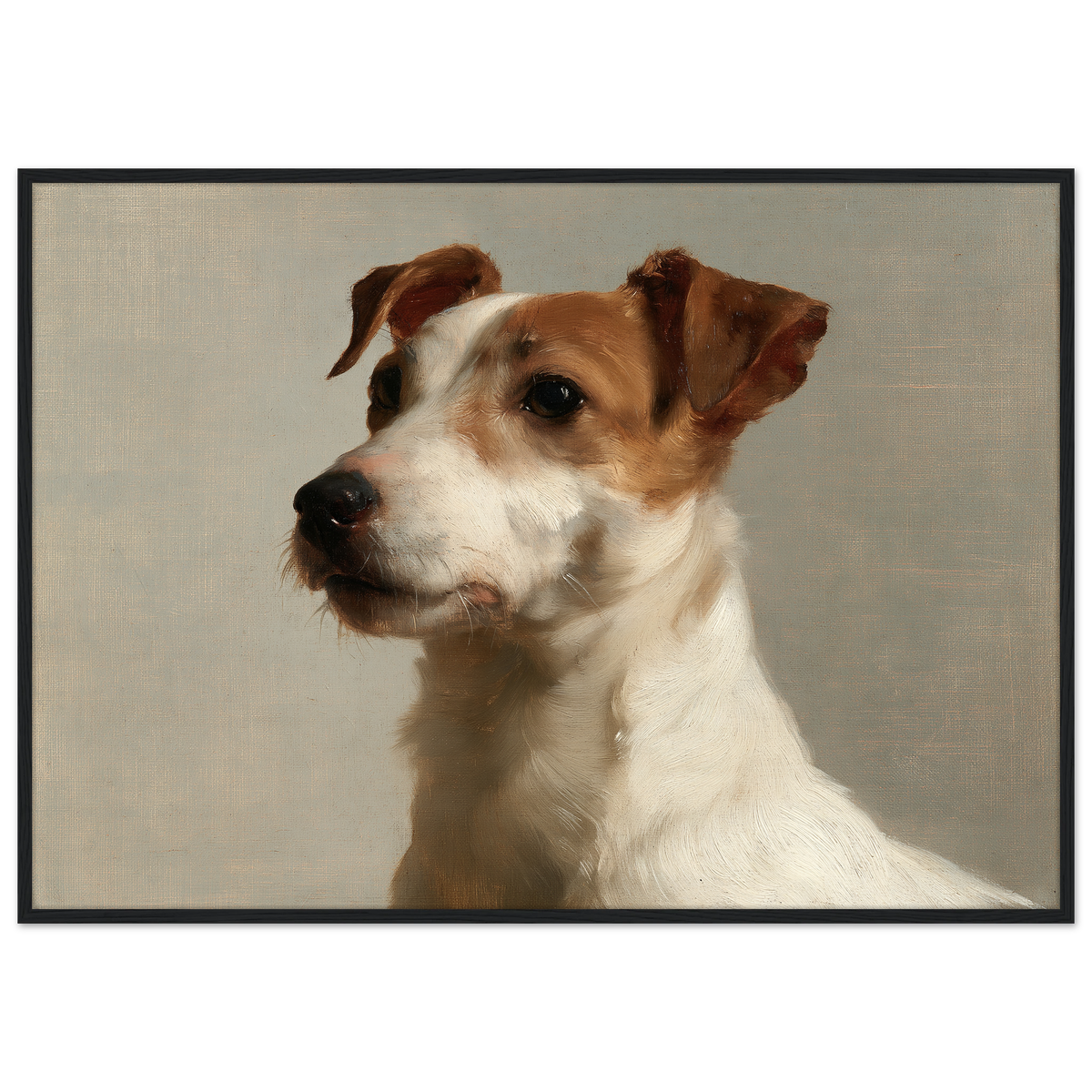 A Jack Russell terrier oil portrait, print in a black frame
