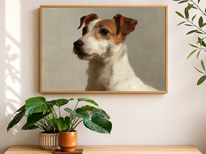 A Jack Russell terrier oil portrait in a wood frame, hanging above a console table with houseplants