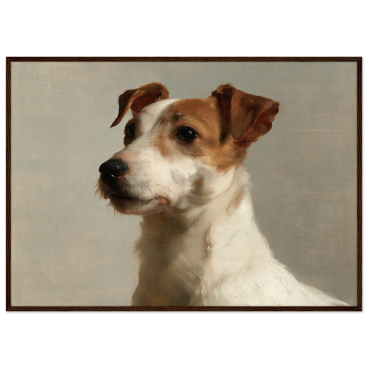 A Jack Russell terrier oil portrait, print in a dark wood frame