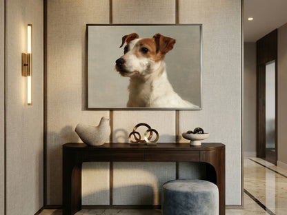 A Jack Russell terrier oil portrait hanging above a curved console table in a panelled hallway
