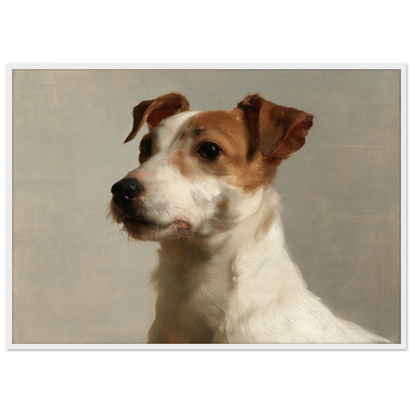 A Jack Russell terrier oil portrait, print in a white frame