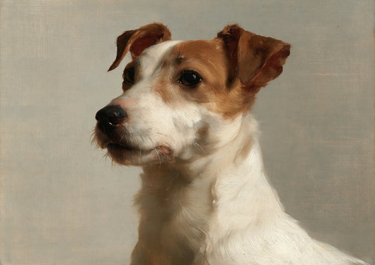 A smooth-coated Jack Russell terrier, white with tan markings, painted in oil against a plain putty ground