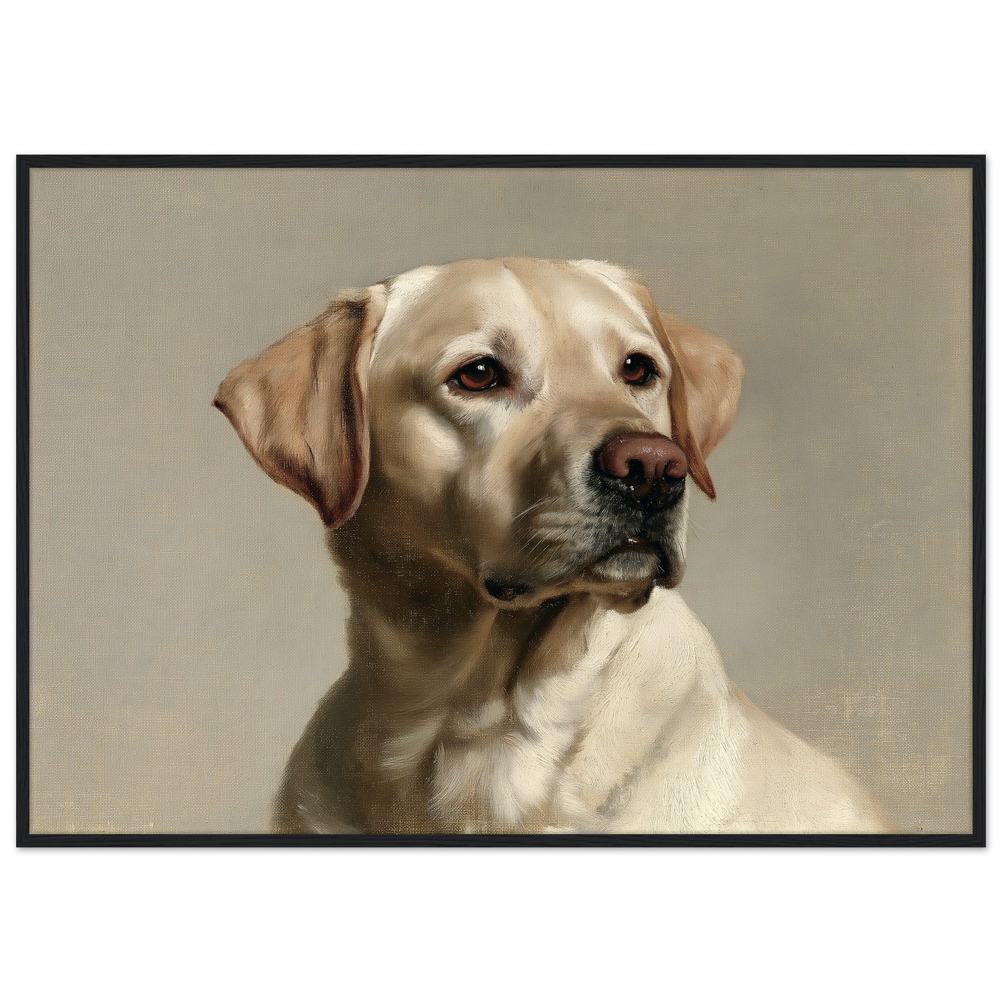 A yellow Labrador Retriever oil portrait, print in a black frame