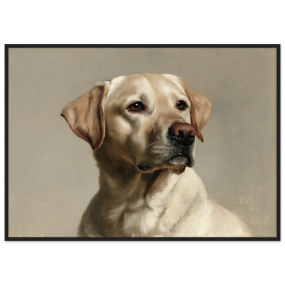 A yellow Labrador Retriever oil portrait, print in a black frame