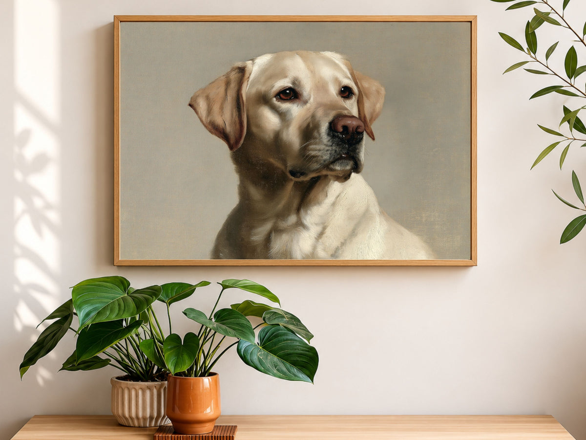 A yellow Labrador Retriever oil portrait in a wood frame, hanging above a console table with houseplants