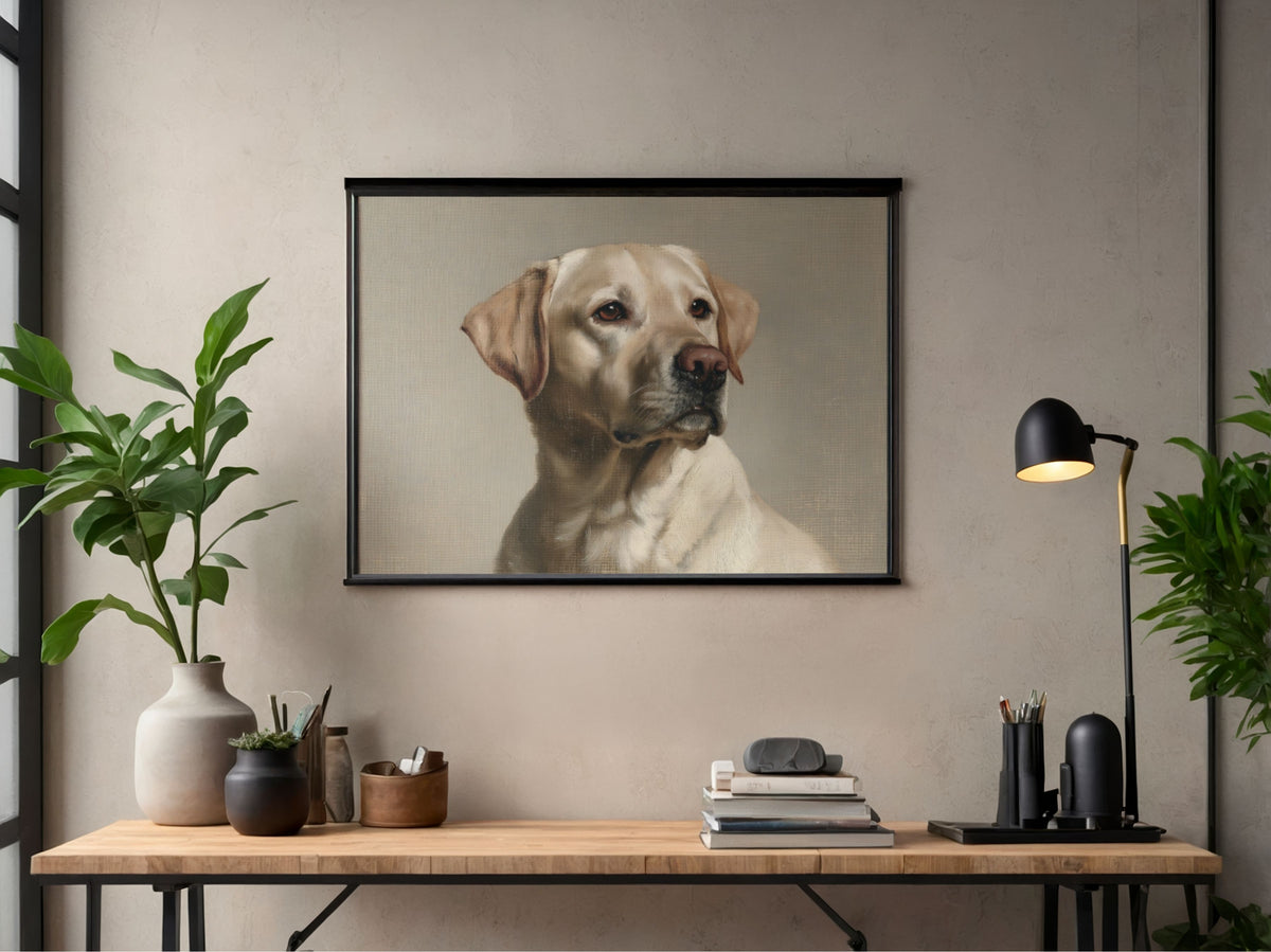 A yellow Labrador Retriever oil portrait in a black frame, hanging above a desk in a home office