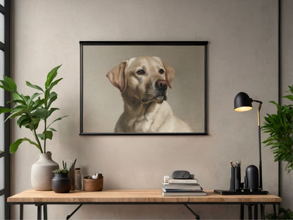A yellow Labrador Retriever oil portrait in a black frame, hanging above a desk in a home office