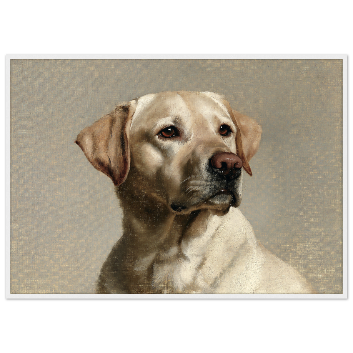 A yellow Labrador Retriever oil portrait, print in a white frame
