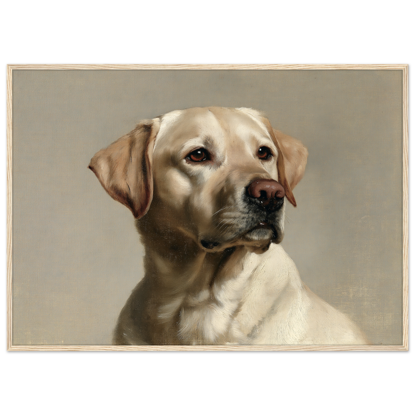 A yellow Labrador Retriever oil portrait, print in a natural wood frame