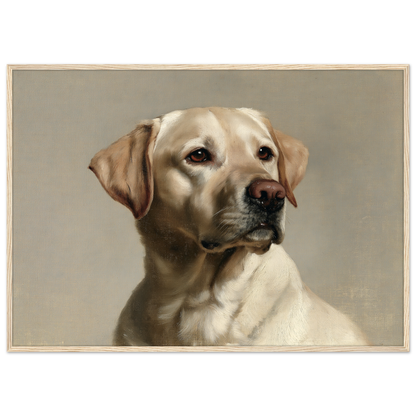 A yellow Labrador Retriever oil portrait, print in a natural wood frame