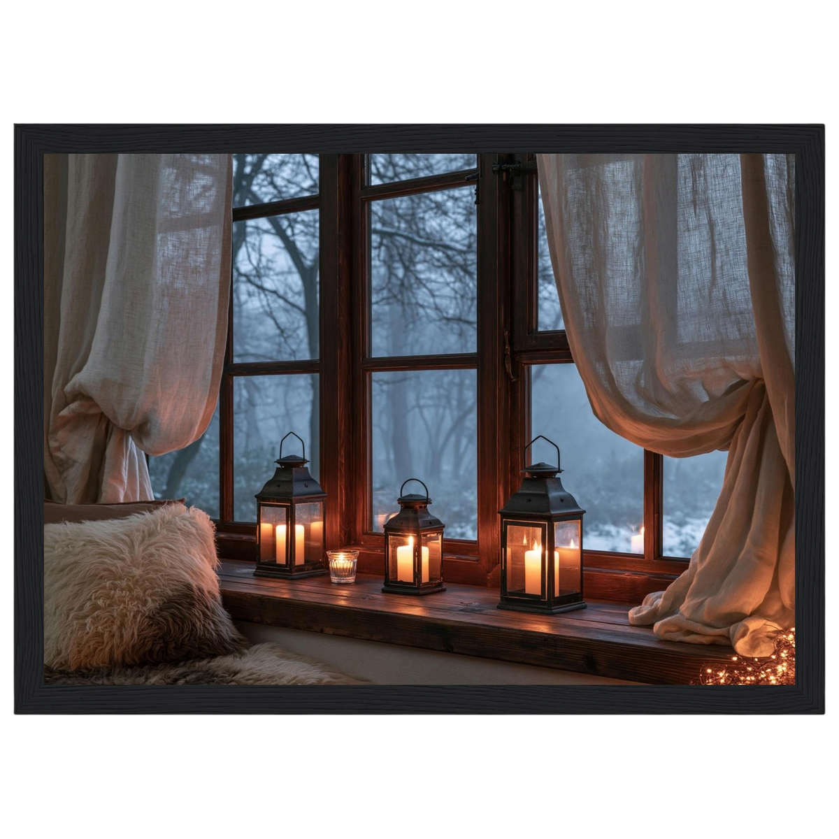 Lanterns on the windowsill, print in a black frame