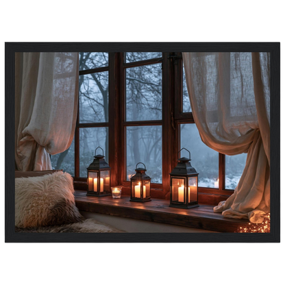 Lanterns on the windowsill, print in a black frame