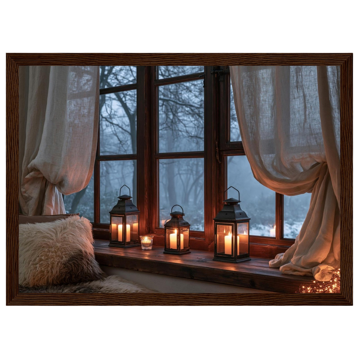 Lanterns on the windowsill, print in a dark wood frame