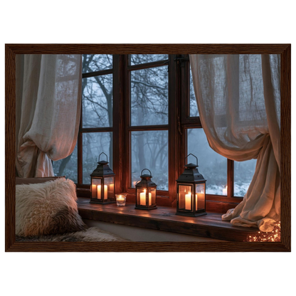 Lanterns on the windowsill, print in a dark wood frame