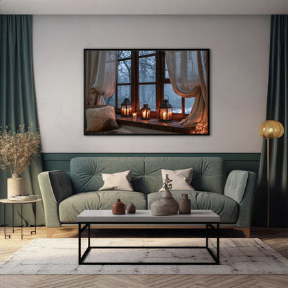 Lanterns on the windowsill, in a black frame above a sage green sofa in a living room with dark green panelling and a brass floor lamp