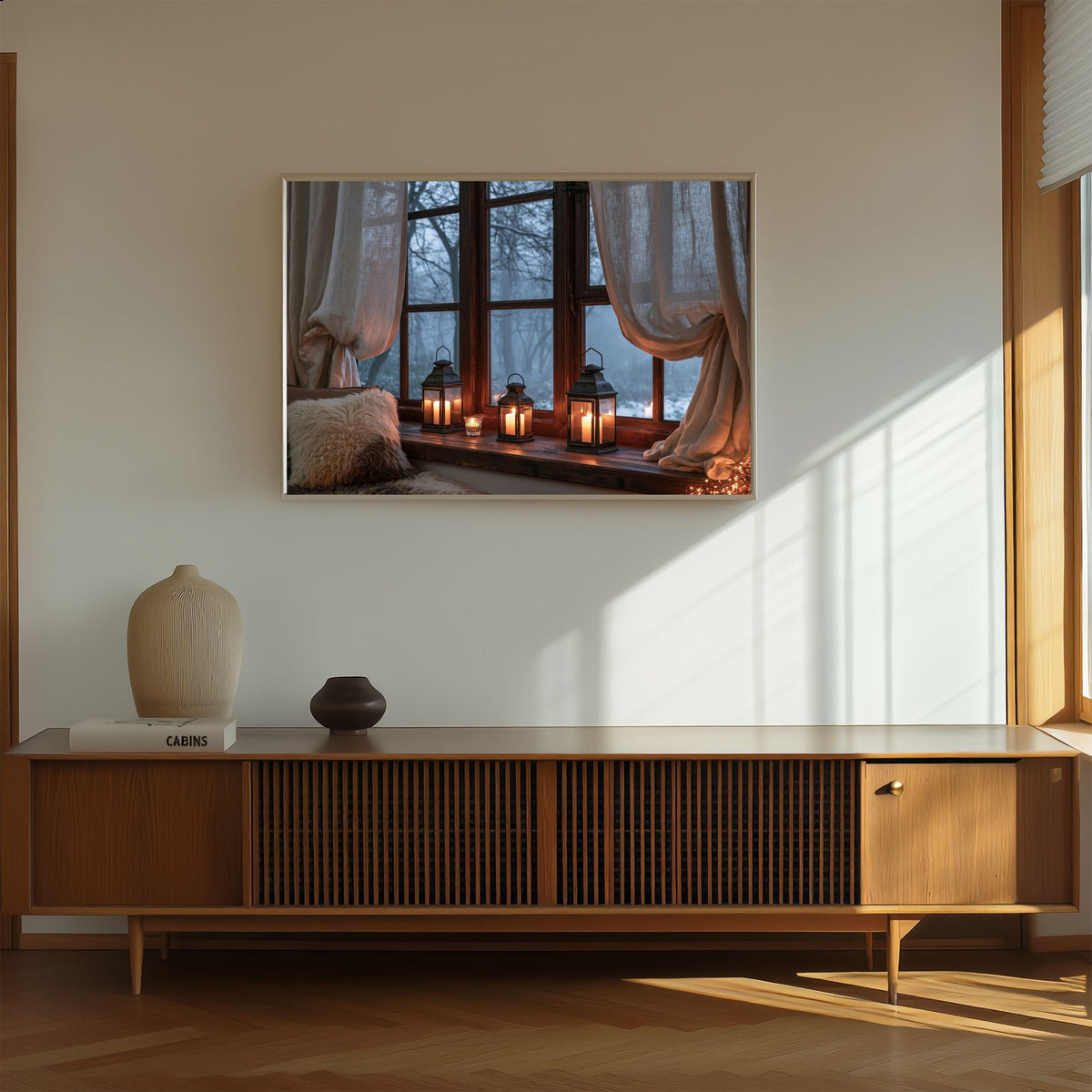 Lanterns on the windowsill, in a pale wood frame above a mid-century wooden sideboard with two ceramic vases