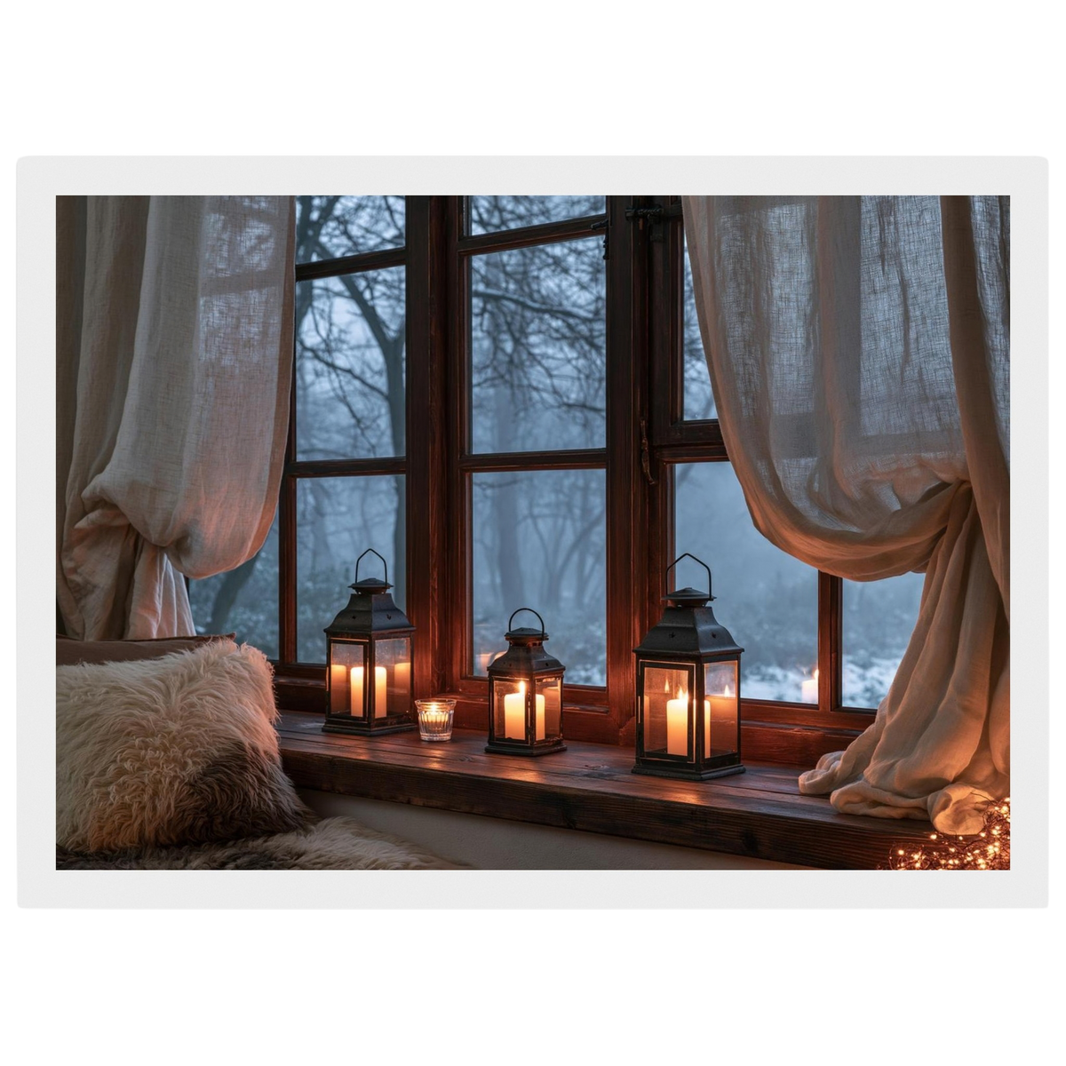 Lanterns on the windowsill, print in a white frame