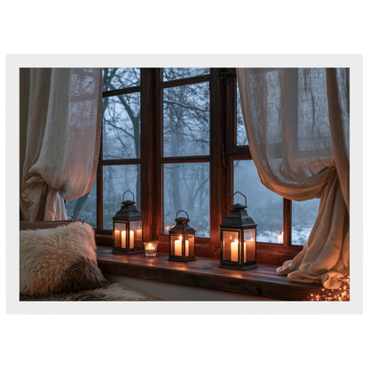 Lanterns on the windowsill, print in a white frame