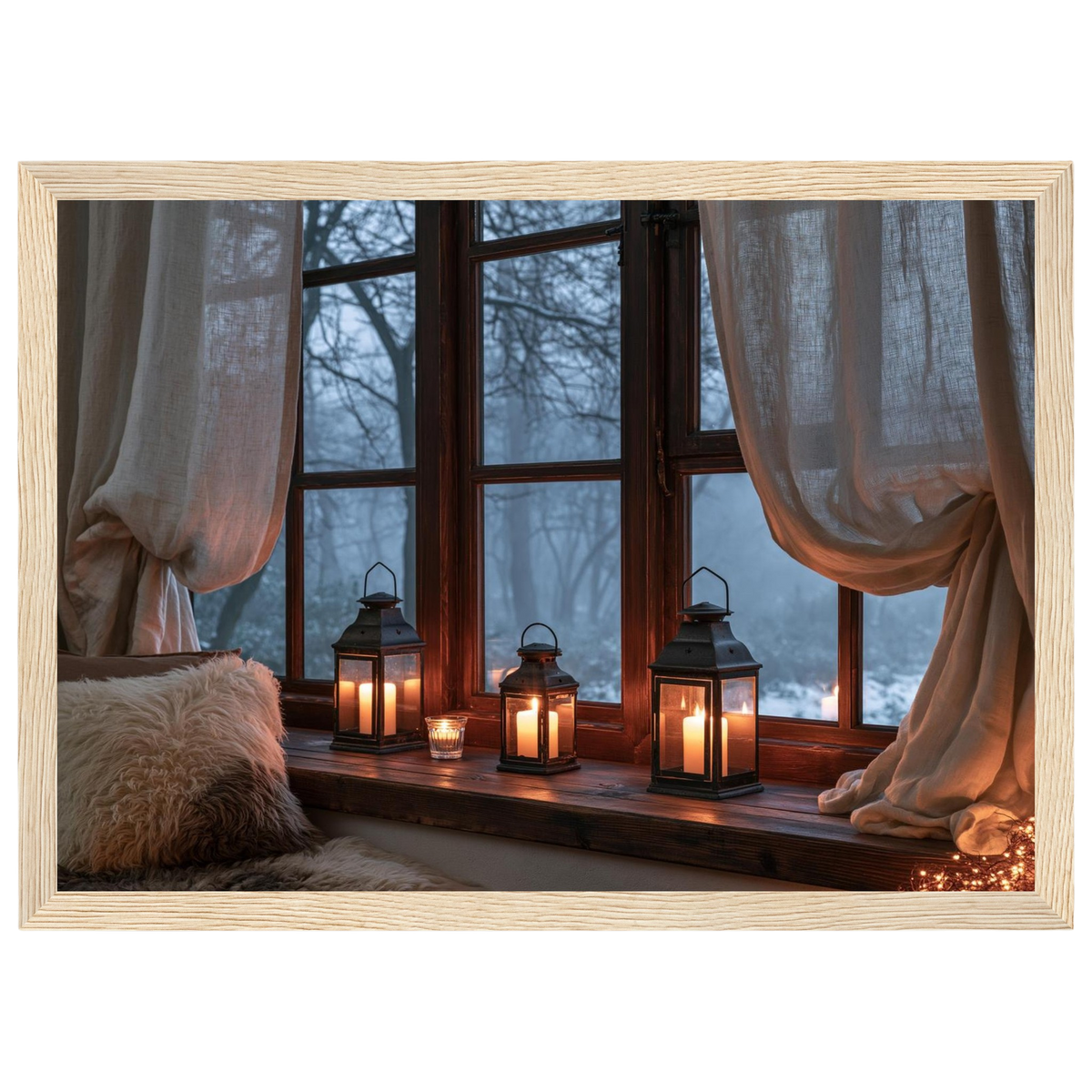 Lanterns on the windowsill, print in a natural wood frame