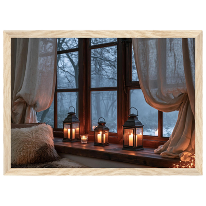Lanterns on the windowsill, print in a natural wood frame