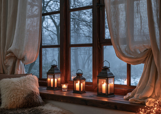 Three black metal storm lanterns and a glass tealight burning on a dark wood windowsill, with snowy bare woods in blue dusk beyond the glass