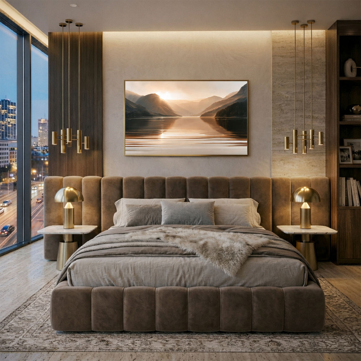 Light between the hills, in a pale wood frame above a velvet bed in a warm neutral bedroom with brass lamps