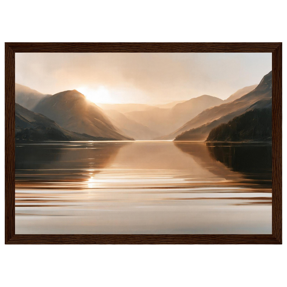 Light between the hills, print in a dark wood frame