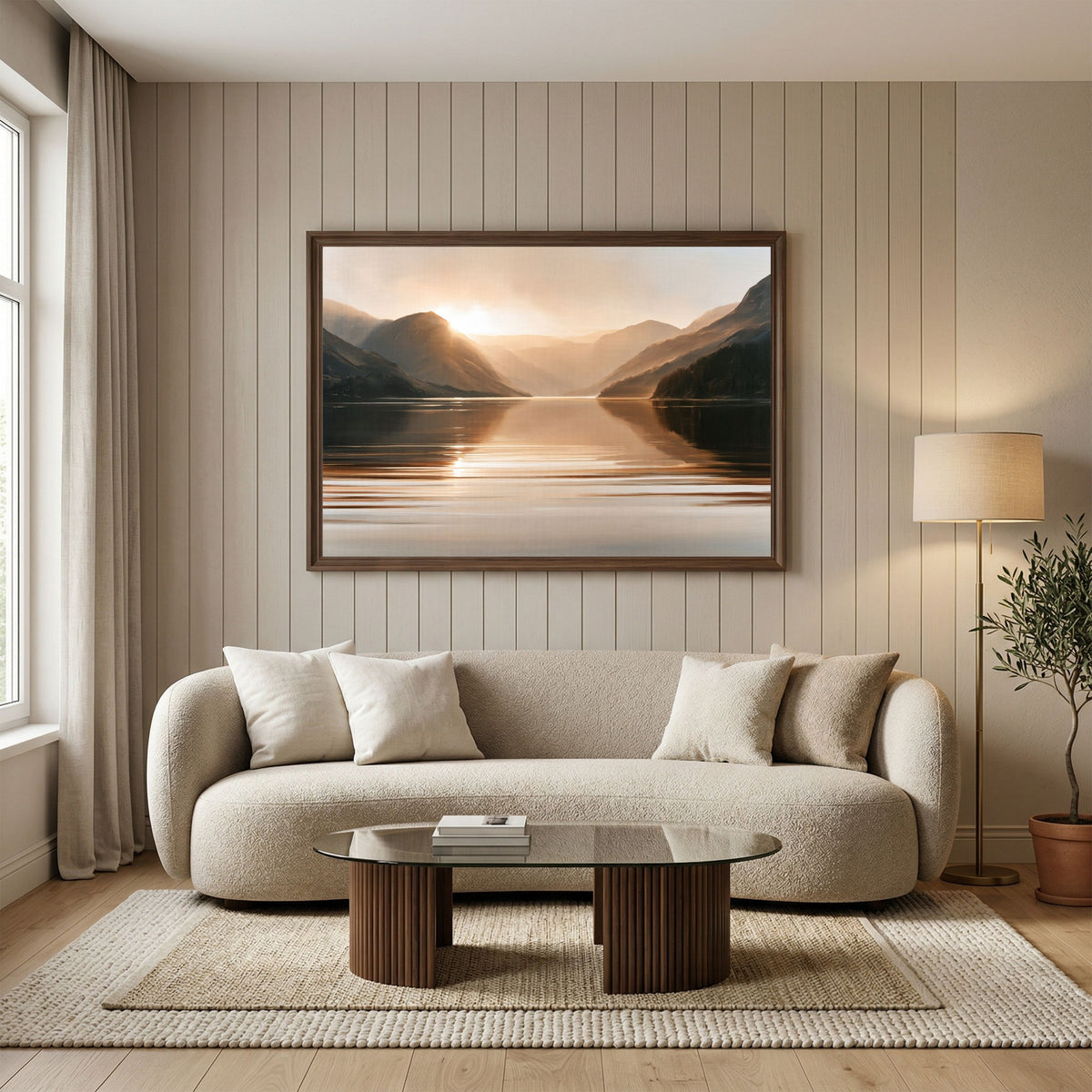 Light between the hills, in a dark wood frame above a cream boucle sofa in a panelled living room