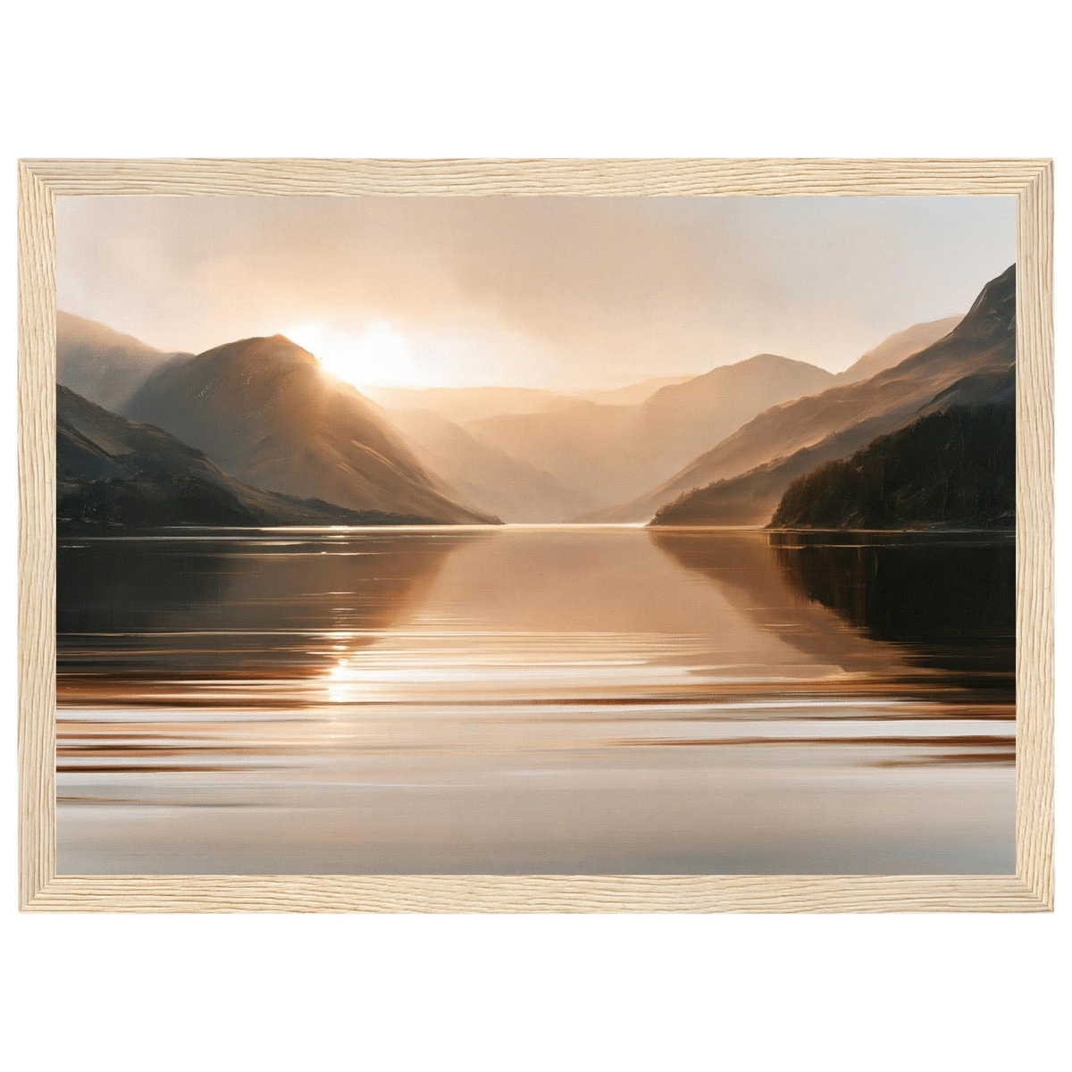 Light between the hills, print in a natural wood frame