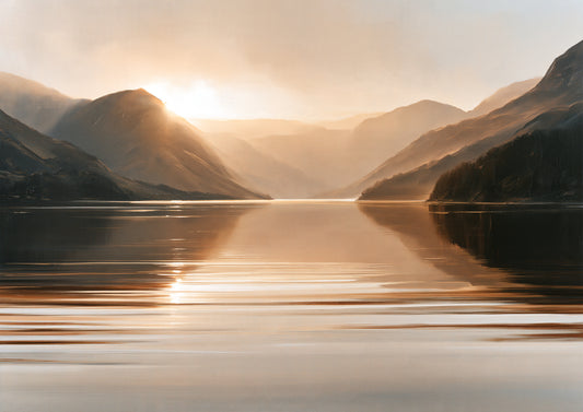 Low sun breaking between two hazy hills above a still mountain lake, with a column of bronze light running down the water