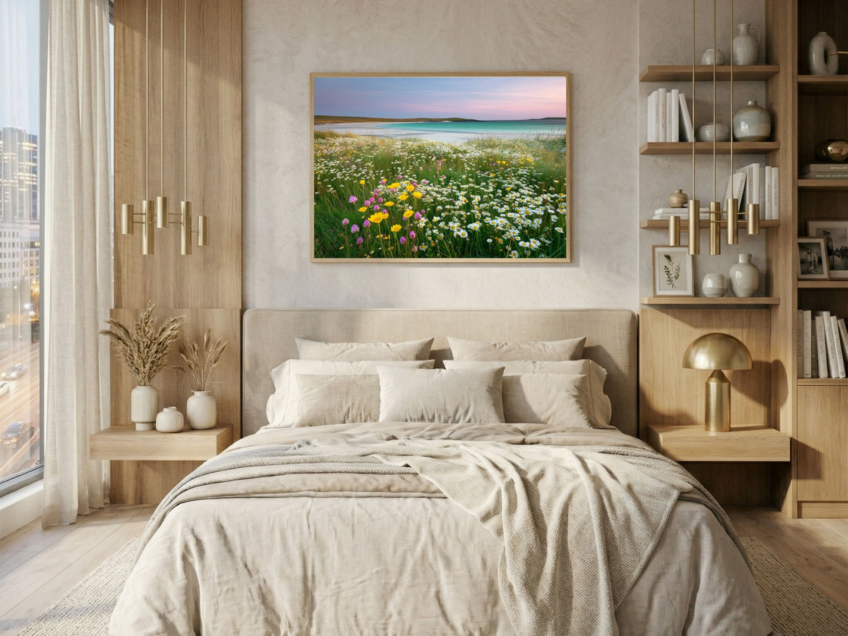 Wildflower machair meadow above a turquoise bay, framed in light wood above a bed in a bright city bedroom