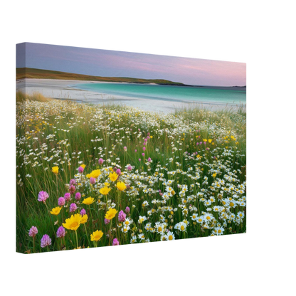 Machair in flower, canvas seen from an angle with the image continuing around the wrapped edge