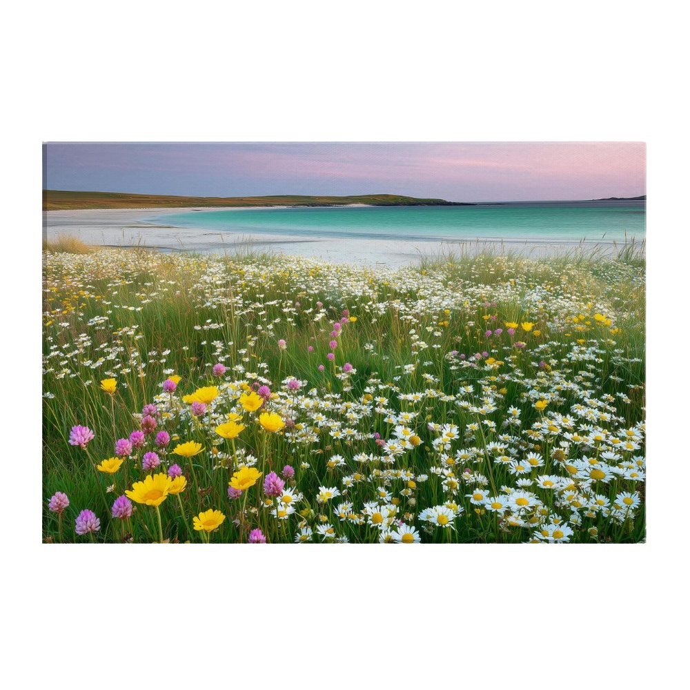 A Hebridean machair in full flower, white daisies, yellow marigolds and pink clover above white shell sand and turquoise water, printed on stretched canvas