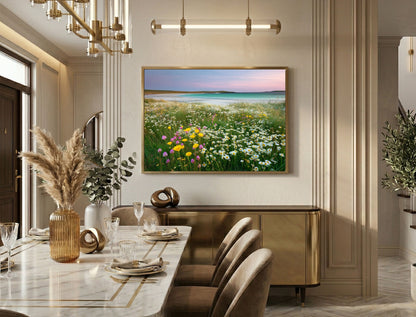 Wildflower machair meadow above a turquoise bay, framed in light wood in an elegant dining room