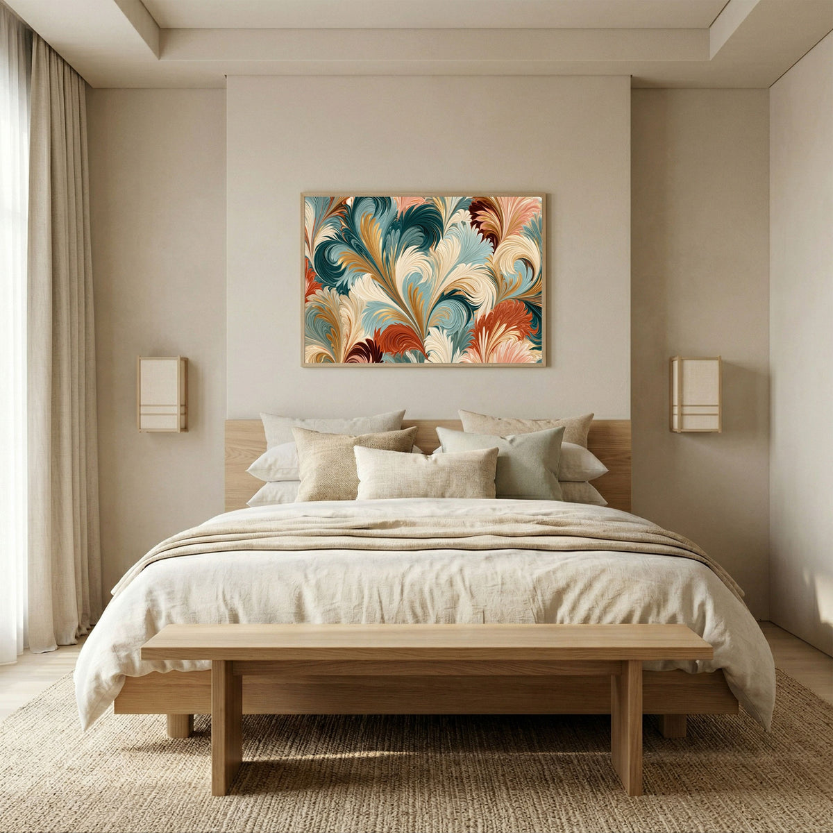 Marbled plumes, in a pale wood frame above an oak bed with linen bedding in a neutral bedroom