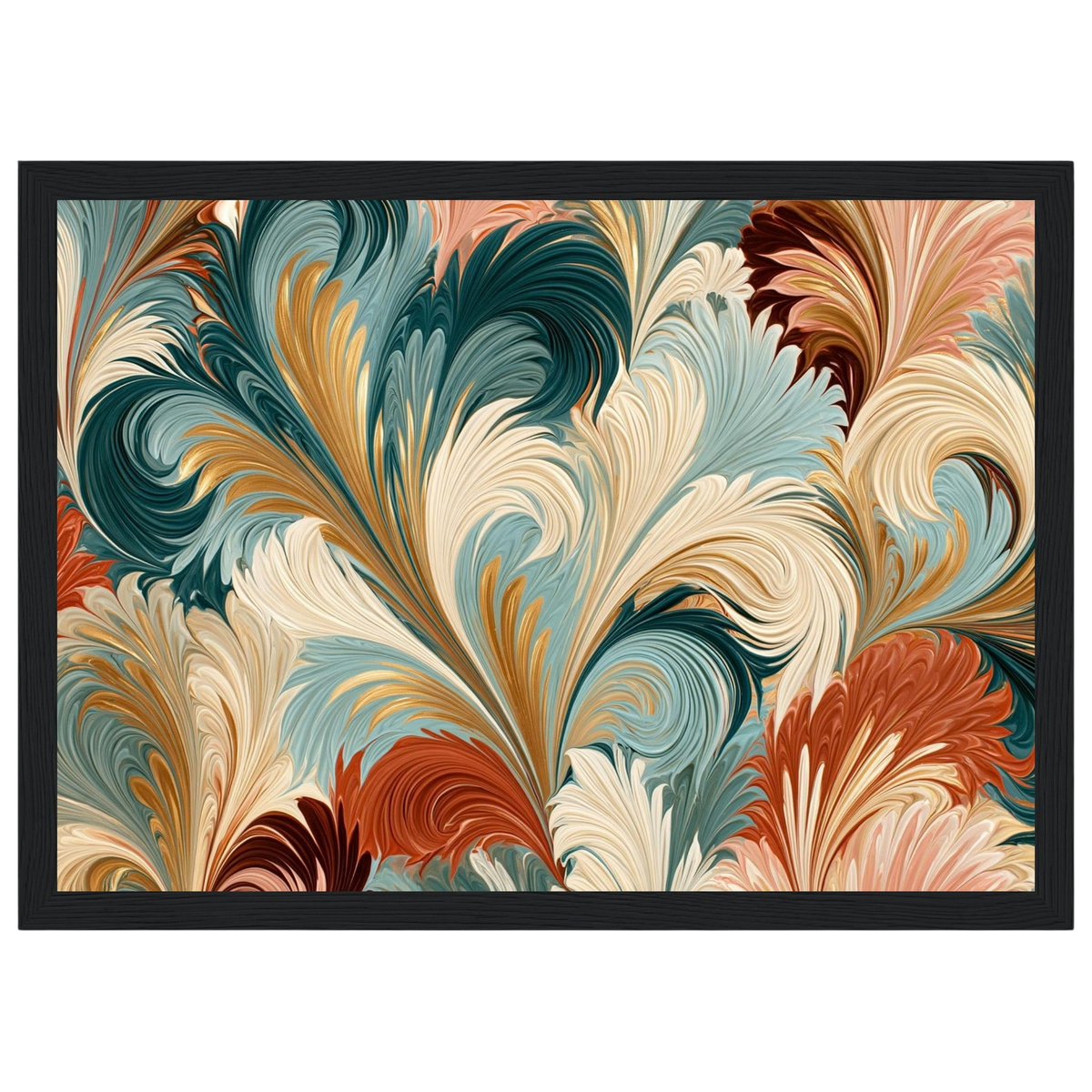 Marbled plumes, print in a black frame