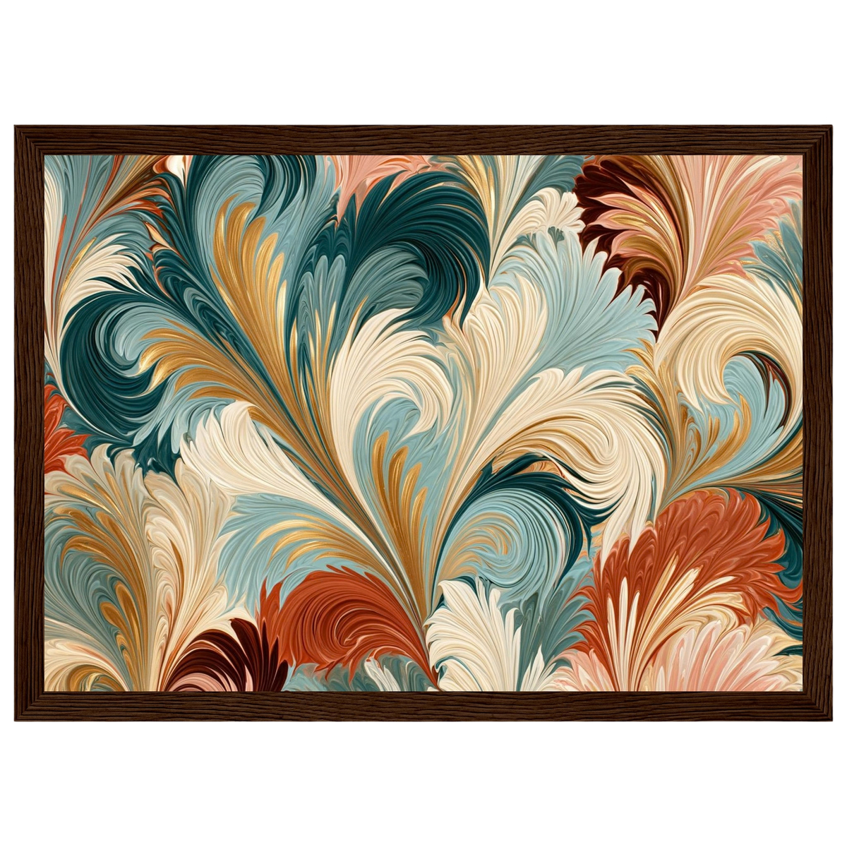 Marbled plumes, print in a dark wood frame