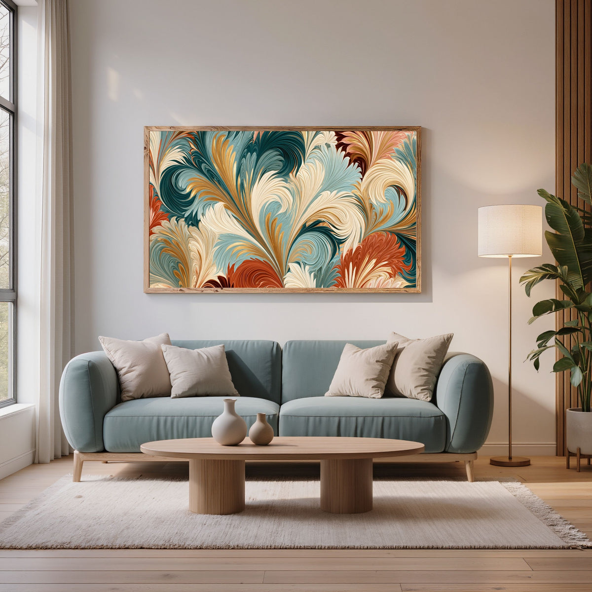 Marbled plumes, in a pale wood frame above a sage blue sofa in a bright living room with a round oak table