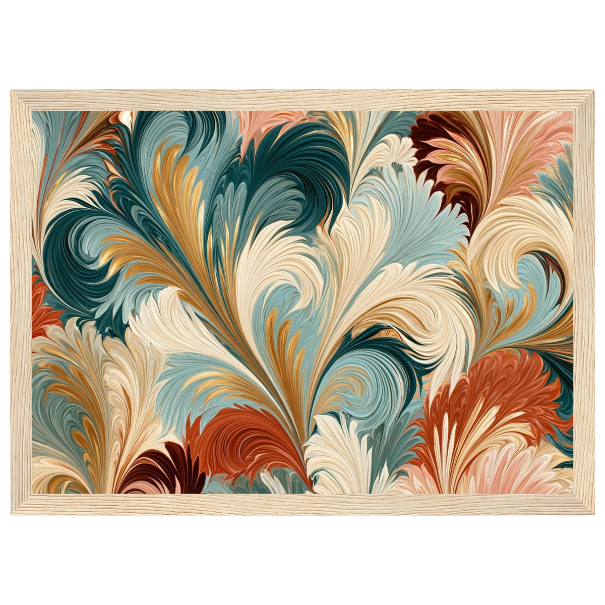 Marbled plumes, print in a natural wood frame