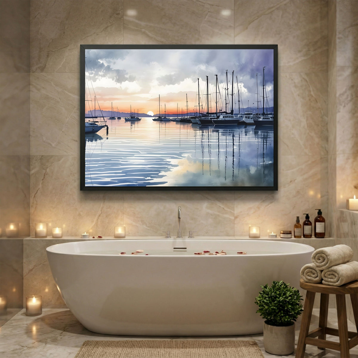 Marina at Dusk, in a black frame above a freestanding bath surrounded by candles in a warm stone bathroom