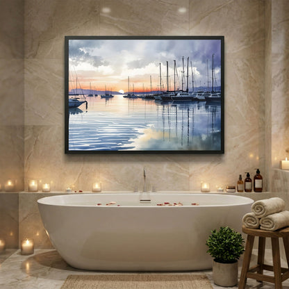 Marina at Dusk, in a black frame above a freestanding bath surrounded by candles in a warm stone bathroom