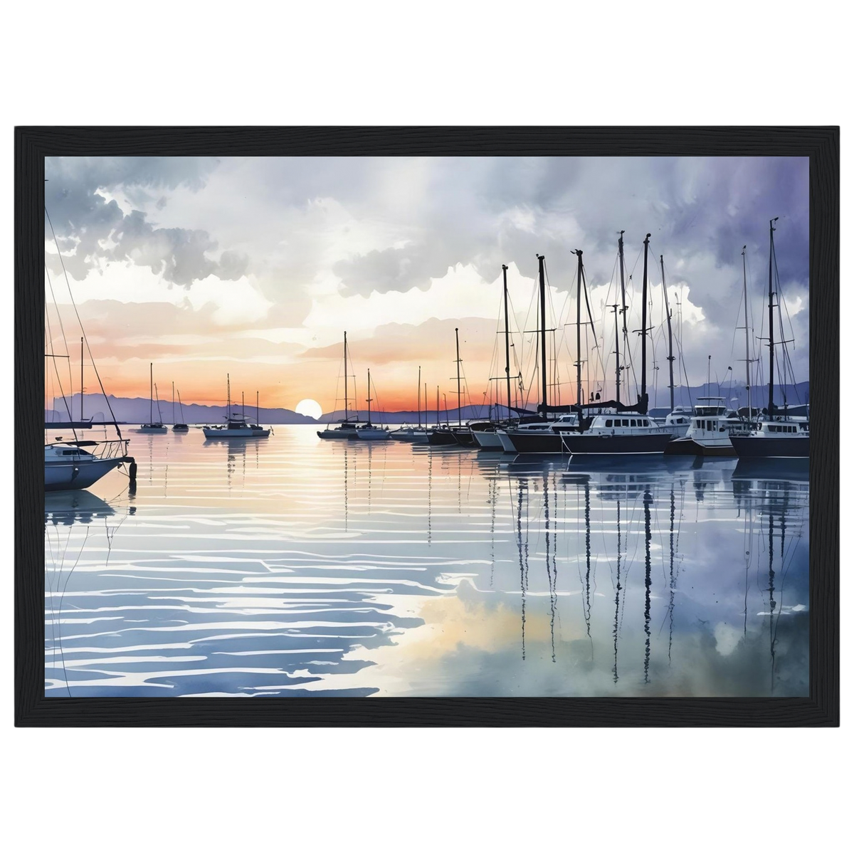 Marina at Dusk, print in a black frame